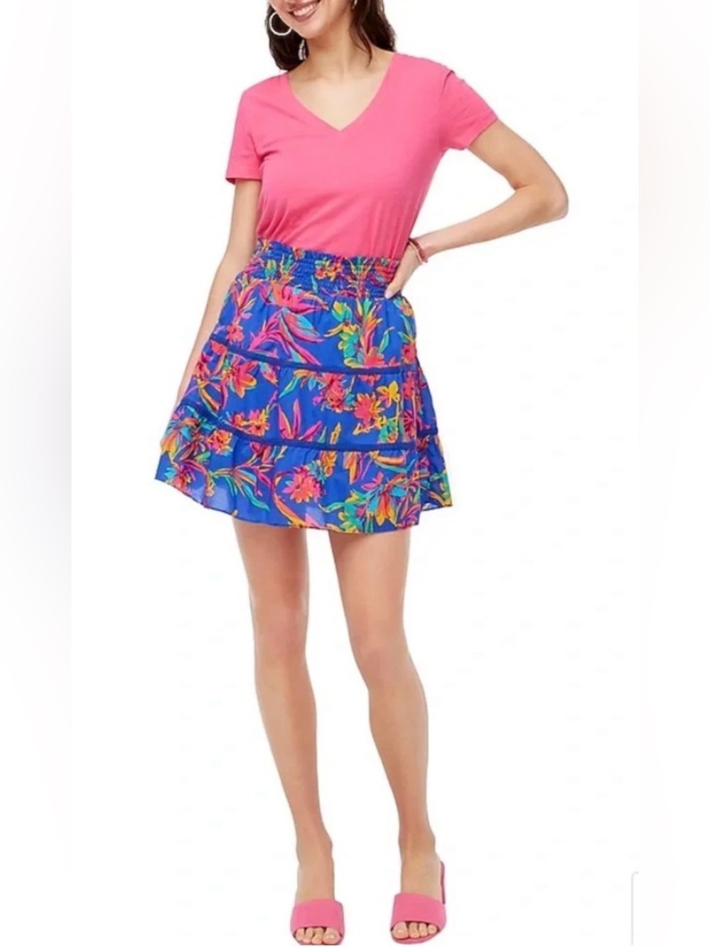 J.Crew Floral Tiered Mini Skirt M Smocked Waist Blue Pink Tropical Cotton Boho - Picture 2 of 6